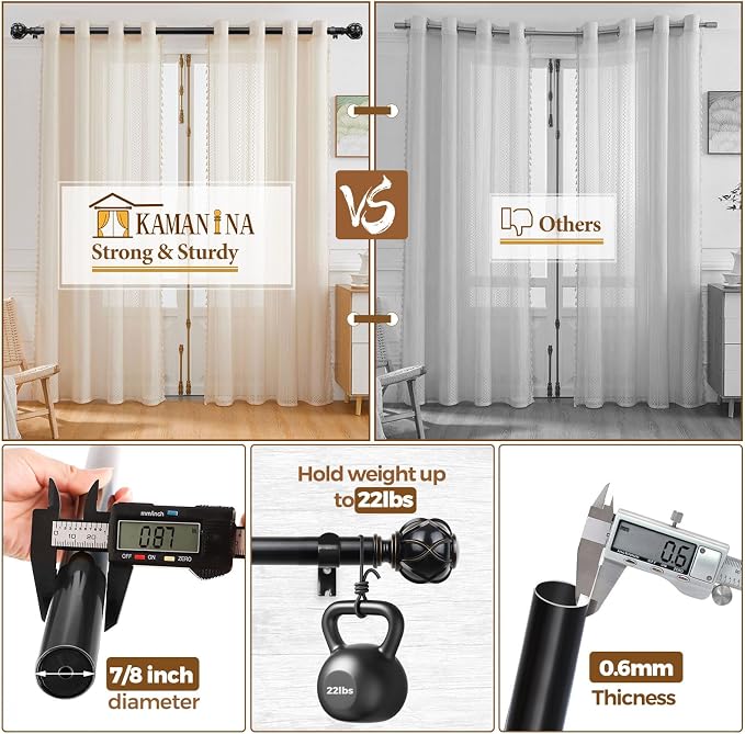 KAMANINA Curtain Rods for Windows 66 to 120 Inch, 7/8 Inch Black Heavy Duty - Image 6