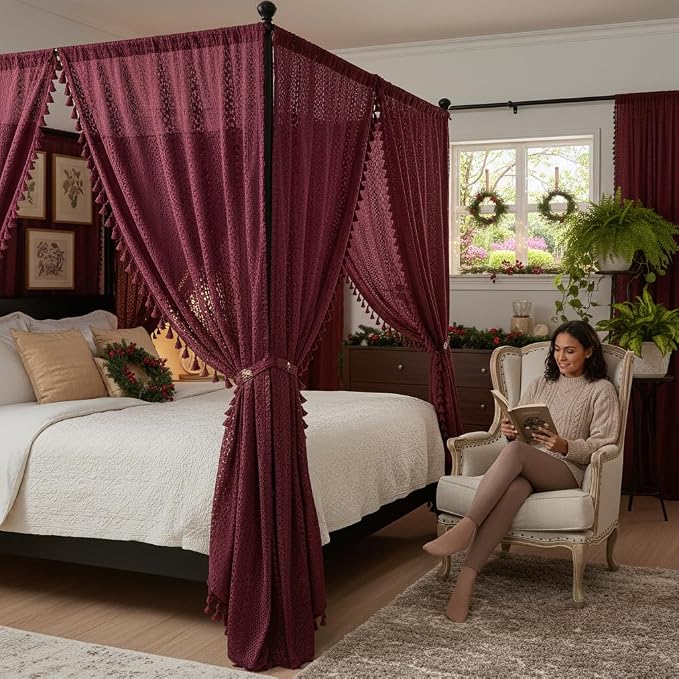 WAZZIO Boho Lace Curtains 63 Inches 2 Panel, Light Filtering Privacy Tassel & - Image 9