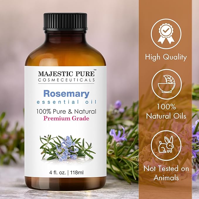 Majestic Pure Rosemary Essential Oil with Glass Dropper - Huge 4 Fl Oz - 100% Pure and Natural Rosemary Oil - Premium Grade Essential Oils for Diffuser, Aromatherapy, Soap and Candle Making