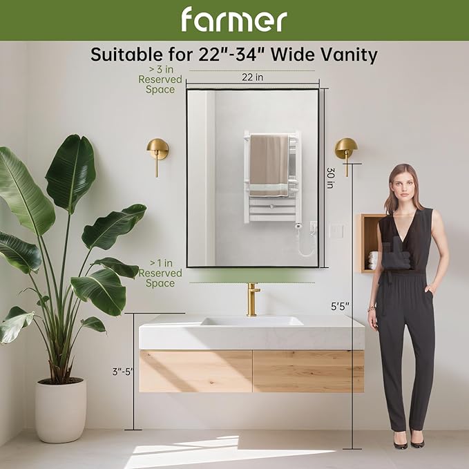 FARMER 22x30 Inch Black Bathroom Mirror, Rectangle Wall Mounted Mirror, Vanity Mirror, Brushed Square Mirror, Framed Bathroom Mirror for Bedrooms, Entryways, Living Rooms, Horizontal/Vertical