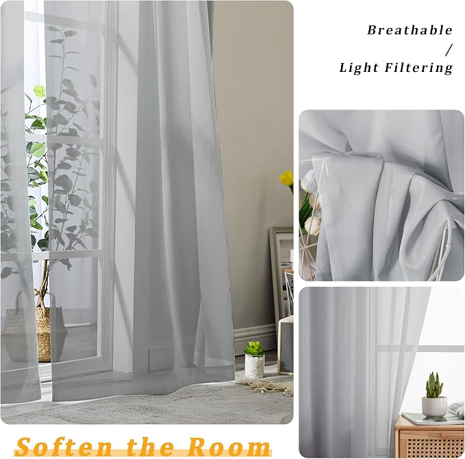 Gwine Light Grey Sheer Curtains 84 Inches Long 2 Panels Set - Image 3