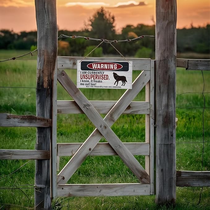 Warning Sign, Unsupervised Warning Wood Plaque Sign, Funny Door Signs, Decorative Wood Hanging Suspension Plaque, Farmhouse Wooden Wall Decor, Outdoor Hanging Wooden Signs