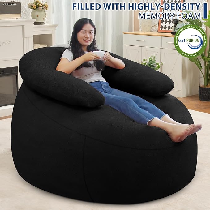 HABUTWAY Bean Bag Chair with U-Shaped Pillow for Adult and Kids Big BeanBag Chair with Filling Ultra Soft Teddy Fleece Couch Chair with Washable Cover for Living Room Bedroom Office, Black & Black