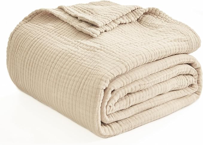 EMME Cotton Blanket King Size for Bed Soft Muslin Blankets 108"x90" Beige - Image 9