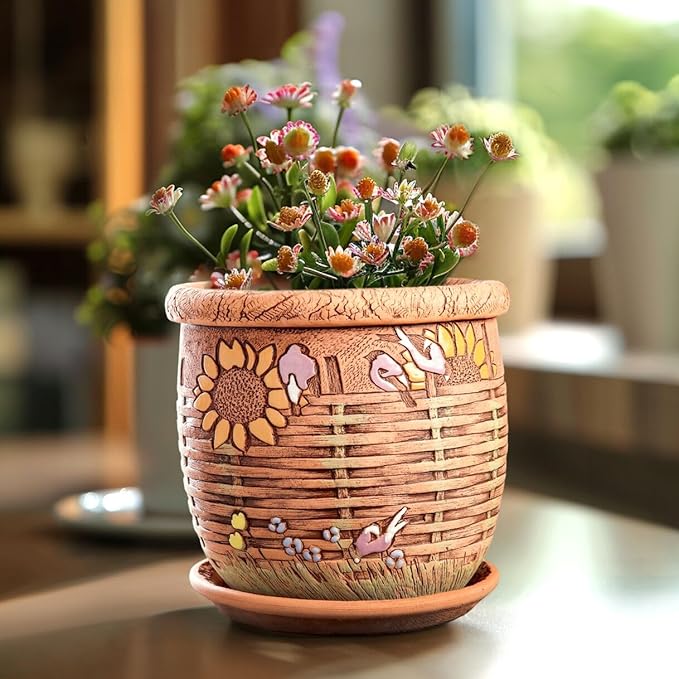 Ceramic Pot with Drainage Hole and Saucer, Plant Pots, Modern Decorative Planters for House Plants Indoor Flowers Plants, Cute Flower Pot - Gifts (Wicker (1.6 L))