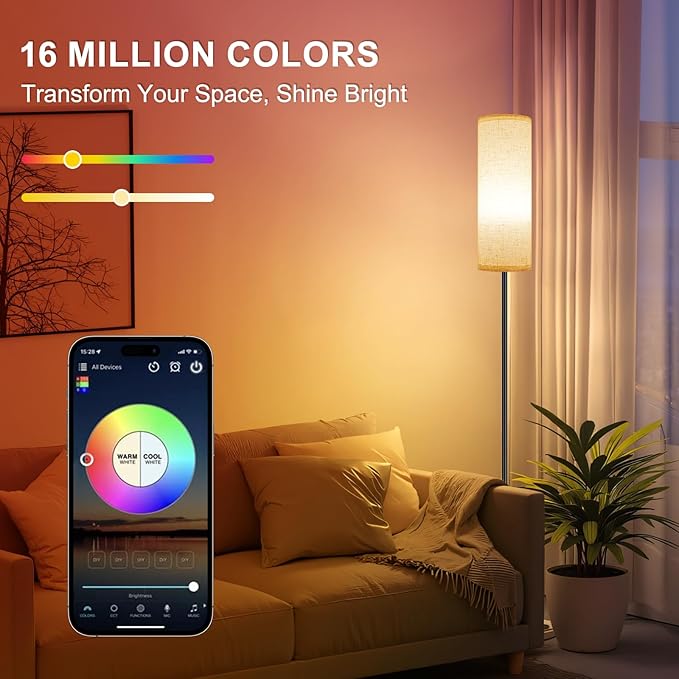 FRIDEKO HOME 2 Pack Floor Lamps for Living Room, Dimmable Colors Temperature & Brightness, Modern Floor Lamp with Remote, Tall Standing Lamps for Living Room Bedroom Office, Beige Shade 9W RGB Bulb