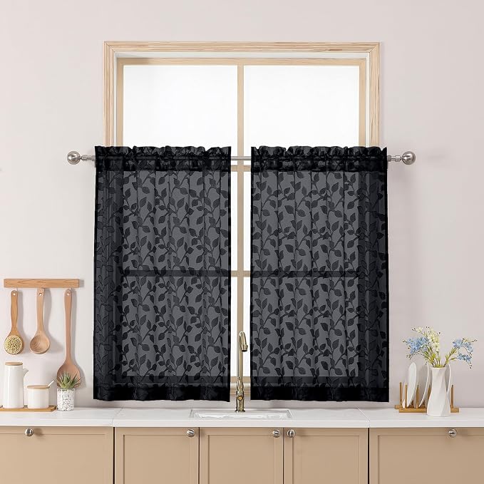Chyhomenyc Black Sheer Curtains 36 Inch Length, Light Filtering Leaf Tufted by Chyhomenyc