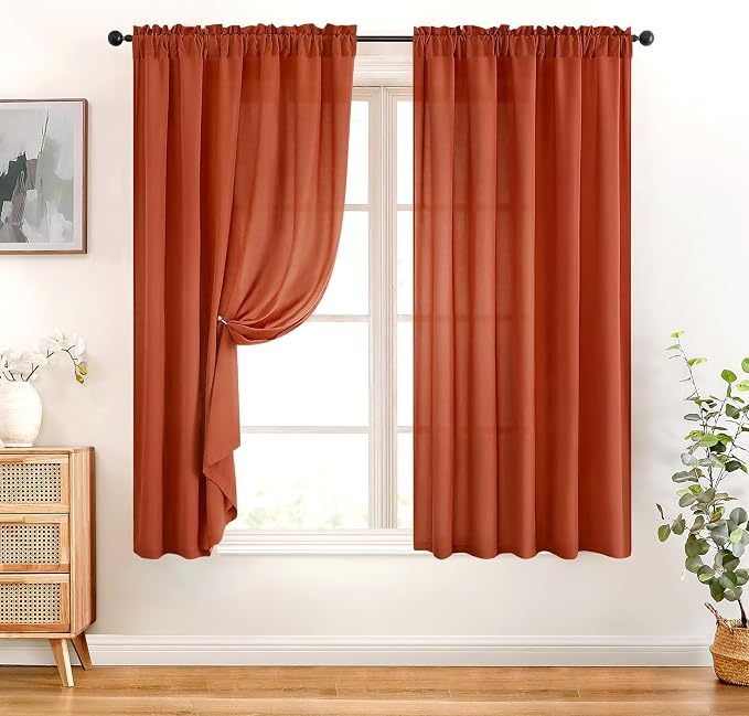 HOMEIDEAS Non-See-Through Fall Burnt Orange Privacy Sheer Curtains, 52 X 63 - Image 2