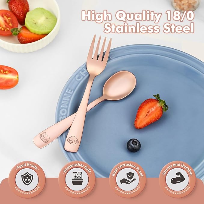 DRKIO Stainless Steel Toddler Utensils Set - 6 Pieces Kids Silverware Set Children Safe Food Grade Small Forks and Spoons Dishwasher Safe Mirror Polished