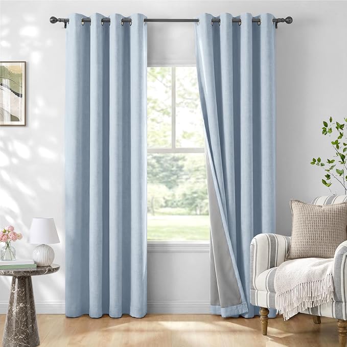 100% Blackout Linen Textured Curtains 72 Inch Long, Chambray Blue | 100% by 100BlackoutShield