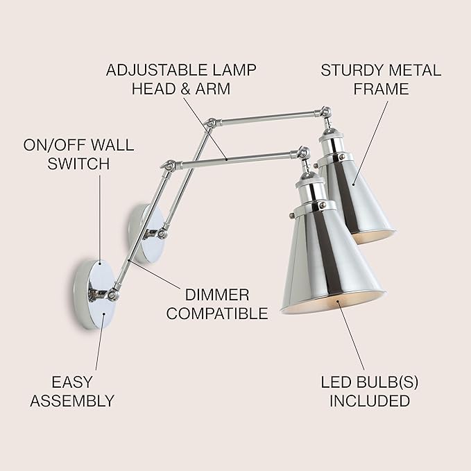 JONATHAN Y JYL7460A-SET2 Rover 7" Farmhouse Industrial Adjustable Arm Metal LED Wall Sconce Rustic Bohemian 2700K LED 4W Bulb for Entryway Lobby Kitchen Bathroom Bedroom Hallway, Chrome (Set of 2)