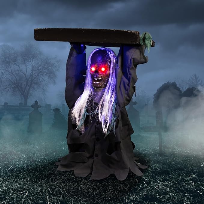 Haunted Hill Farm Tombstone Lifter by Tekky, Battery-Operated, Sound Activated Animatronic Zombie with Sound Effects and Lights for Indoor or Covered Outdoor Creepy Halloween Decoration