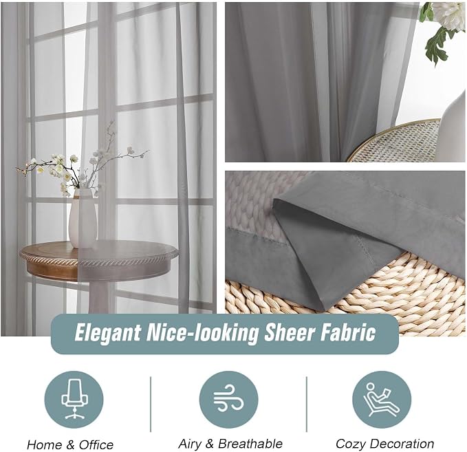 Grey Sheer Curtains 90 Inches Long 2 Panels, Light Filtering Solid Sheer - Image 4