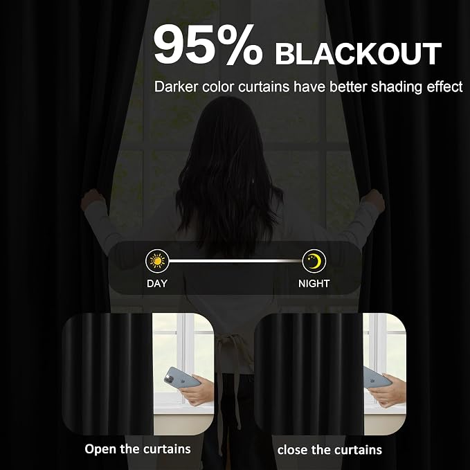72 Inch Wide Black Pinch Pleated Curtains 72 x 63, Thermal Insulated Noise - Image 3