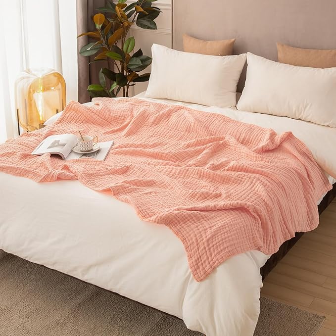 EMME Muslin and Cotton Twin Blankets for Couch Breathable Gauze Blanket All Season Soft and Lightweight Pre-Washed Cotton Blanket (Pink, 60"x80")