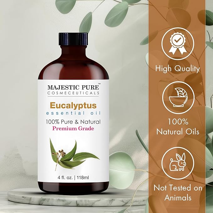 Majestic Pure Eucalyptus Essential Oil with Glass Dropper - Huge 4 Fl Oz - 100% Pure and Natural Eucalyptus Oil - Premium Grade Essential Oils for Diffuser, Aromatherapy, Soap and Candle Making