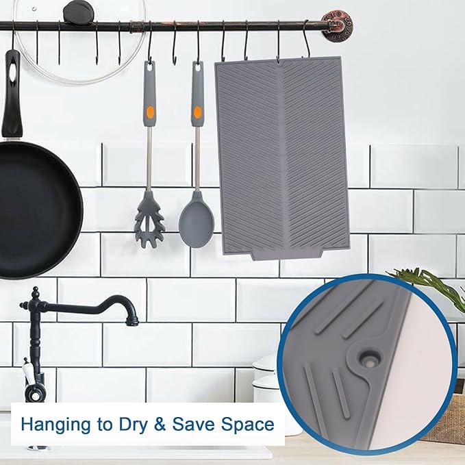 Silicone Dish Drying Mat for Kitchen Counter, 15''x 10'' Drying Mat with Drain Lip, Non-Slip Dish Drainer Mats with Built-in Drain, Heat Resistant Drain Pad on Countertop, Gray