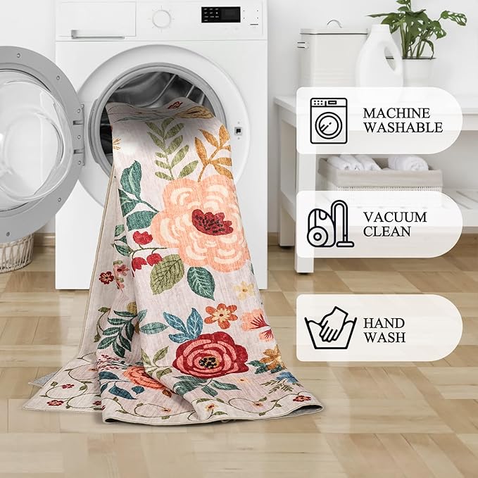 DUKINO 2.6x12 Kitchen Runner Rug, Floral Non Slip Long Washable Rug, Stain - Image 5