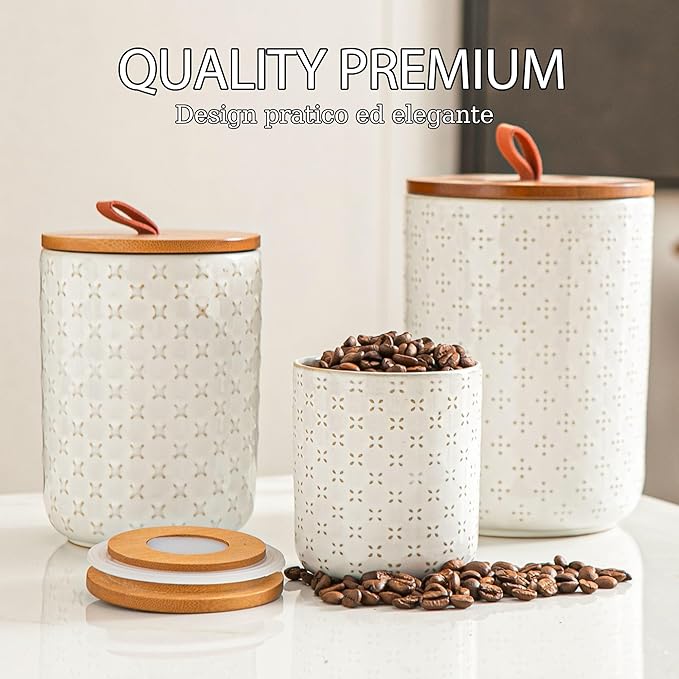 JOJUNO White Ceramic Canister Set with Wooden Lids – 3-Piece Airtight Food Storage Jars for Kitchen, Embossed Design, Small/Medium/Large Sizes (12/30/48 oz) – Flour, Sugar, Coffee, Tea Containers