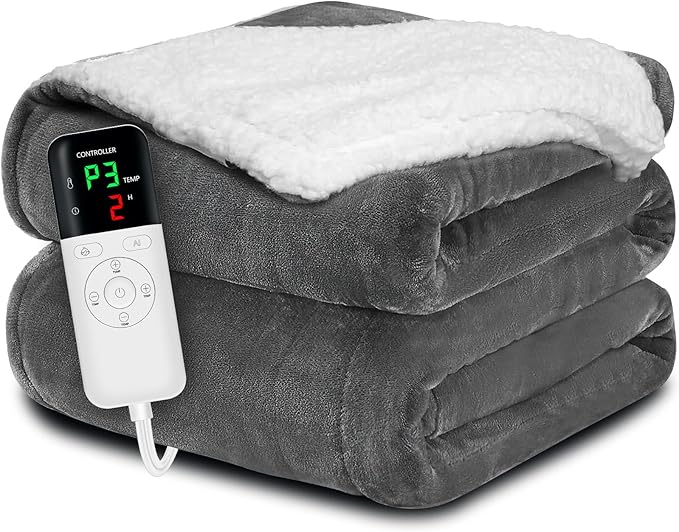 Heated Blanket Throw 50x60, Extra Plush 220GSM Flannel & Sherpa with Child Lock | 6-Level Smart Adaptive Heat & 8Hr Timer | ETL Certified Electric Blanket for Full Body Comfort