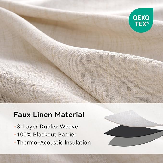 100% Blackout Linen Textured Curtains 108 Inch Long, Oatmeal | 100% Blackout - Image 4