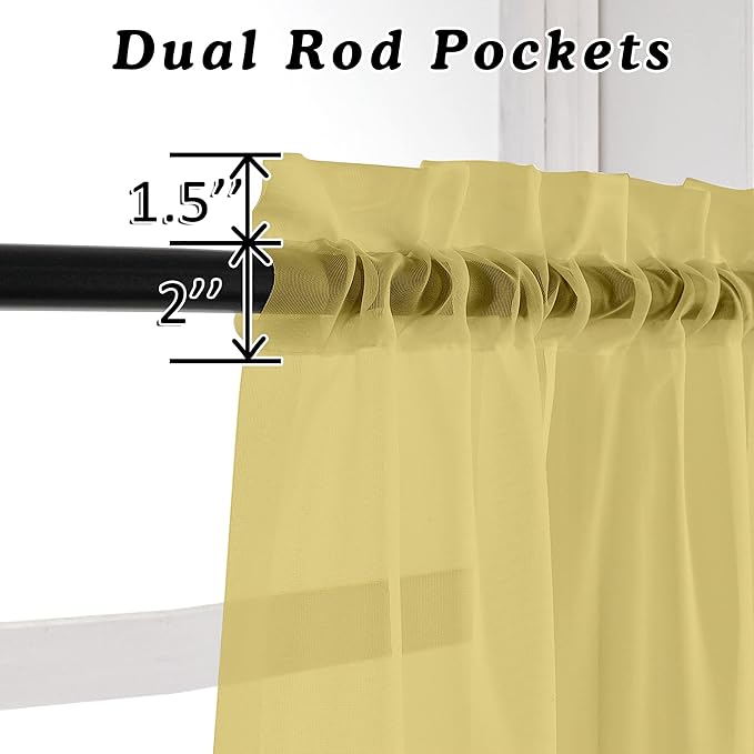 Mustard Yellow Sheer Curtains 63 Inches Length 2 Panels Rod Pocket Light Weight - Image 3