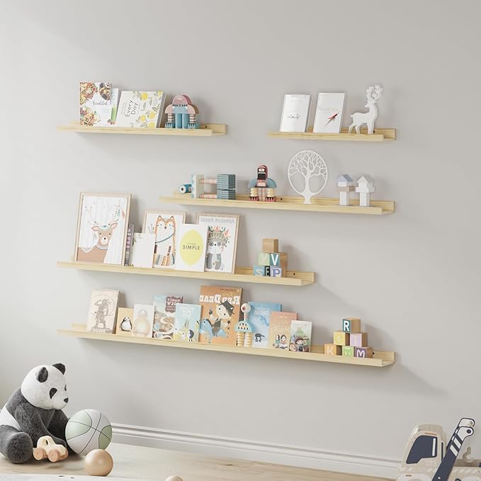 SAUMONIERES Picture Ledge Shelf Floating Book Shelves Set of 2 Wall Mounted Solid Wood for Bedroom Bathroom Living Room Kitchen, 48 Inch Natural