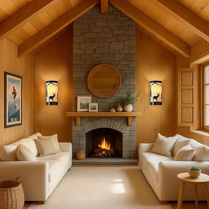 Wall Sconce Light,Deer Metal Yellow Parchment Farmhouse Wall Sconce,Rustic E26 Base Wall Mount Lamp,Vintage Matte Black Bedroom Wall Lights,Indoor Wall Lamps for Living Room,Hallway,Porch