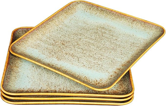 Ceramic Dinner Plates Dish Set,Set of 4,for Lunch snacks -Microwave Oven & Dishwasher Safe,Scratch Resistant,Dinnerware Kitchen Porcelain Serving Dishes,9 inch Square