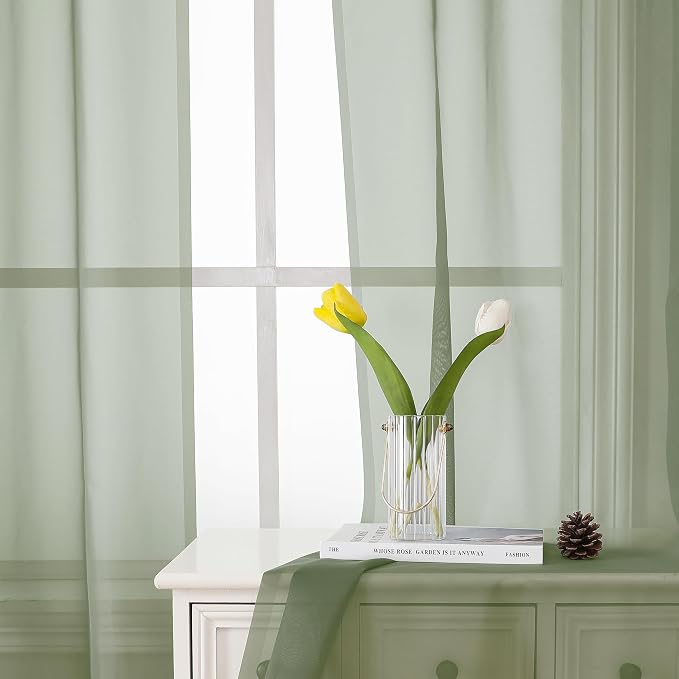 Sage Green Sheer Curtains 63 Inch Long 2 Panels, Elegant Voile Drapes - Image 8