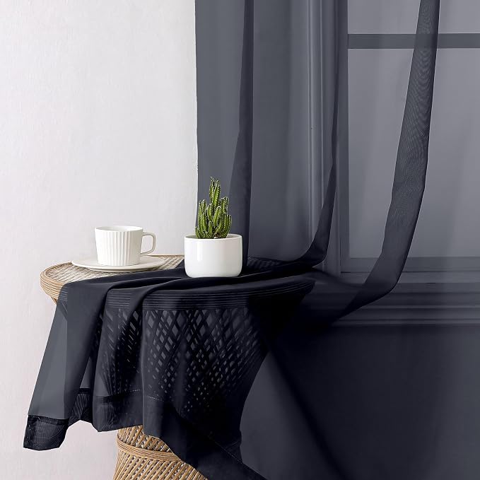 Black Sheer Curtains 50 Inch Length 2 Pcs, Light Filtering Bedroom Curtains - Image 9