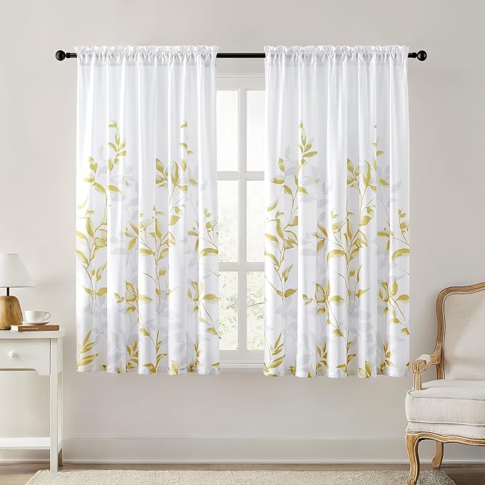 HOMEIDEAS Non-See-Through Gold and White Privacy Sheer Curtains 52 X 63 Inch by HOMEIDEAS