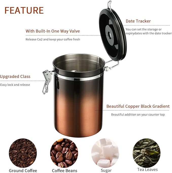 malmo Coffee Canister, Airtight Coffee Container with Date Tracker Lid, Stainless Steel Canister for Kitchen Food Storage (Black-Copper, 12oz)