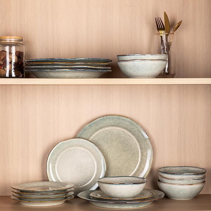 AmorArc Ceramic Dinnerware Sets, Handmade Stoneware Reactive Glaze Plates and Bowls Set, Scratch Resistant | Dishwasher & Microwave Safe Dishes Set, Service for 4 (12pc)