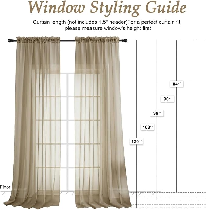 Taupe Sheer Curtains 84 Inches Long 2 Panels Set, Light Filtering Sheer Curtains - Image 2