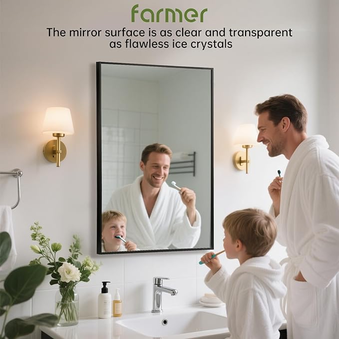 FARMER 16x24 Inch Black Bathroom Mirror, Rectangle Wall Mounted Mirror, Vanity Mirror, Brushed Square Mirror, Framed Bathroom Mirror for Bedrooms, Entryways, Living Rooms, Horizontal/Vertical