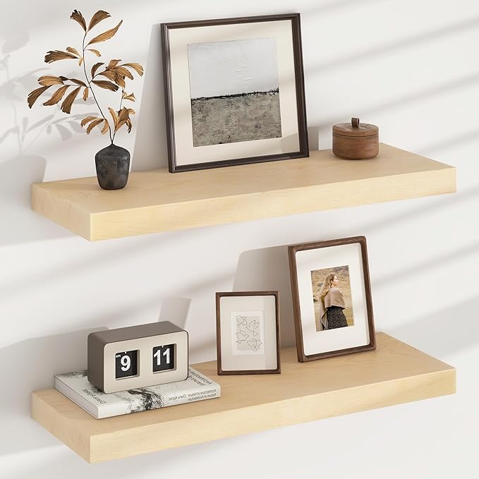 Floating Shelves for Wall, USA-Sourced Maple Wood 24 Inch Wall Shelves Set of 2, Natural Wooden Mounted Picture Ledge Shelf, Nursery Book Storage Shelf Kids Bookshelf, Display Shelf for Bathroom