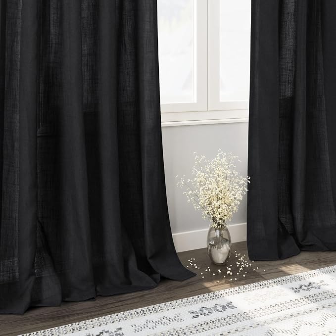 Black 102 Inch Linen Curtains for Living Room Back Tab Rod Pocket Privacy Semi - Image 5