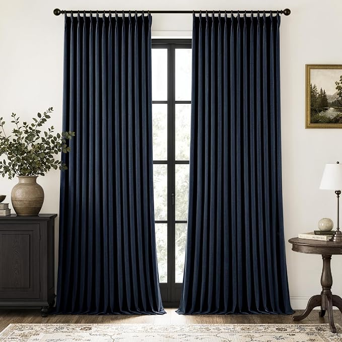 MIULEE Navy Blue Pinch Pleated 100% Blackout Linen Curtains 40x96 Inches | Room by MIULEE
