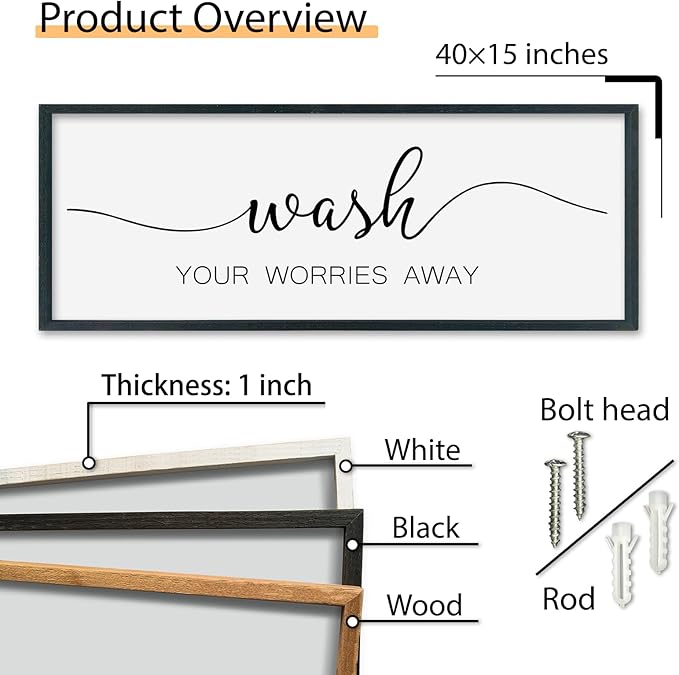 SRSZHIYUE Wash Your Worries Away Bathroom Sign Wall Art 40"x15" Funny Restroom Toilet Large Wood Framed Hanging Decor (Black)
