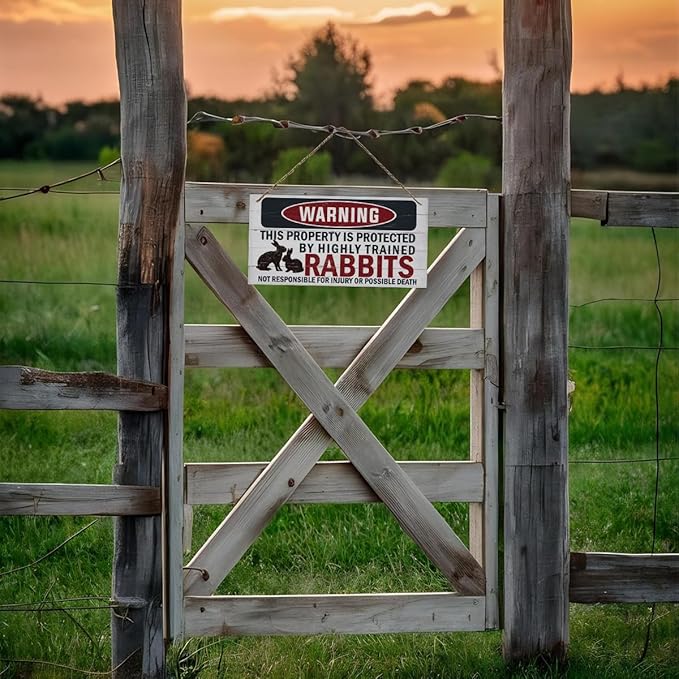 Funny Warning Signs, The Property is Protected By Highly Trained Rabbits Sign, Decorative Wood Hanging Wood Plaque, Rabbit Warning Decor Outdoor, Farm Decor, Rustic Home Decor for Front Door