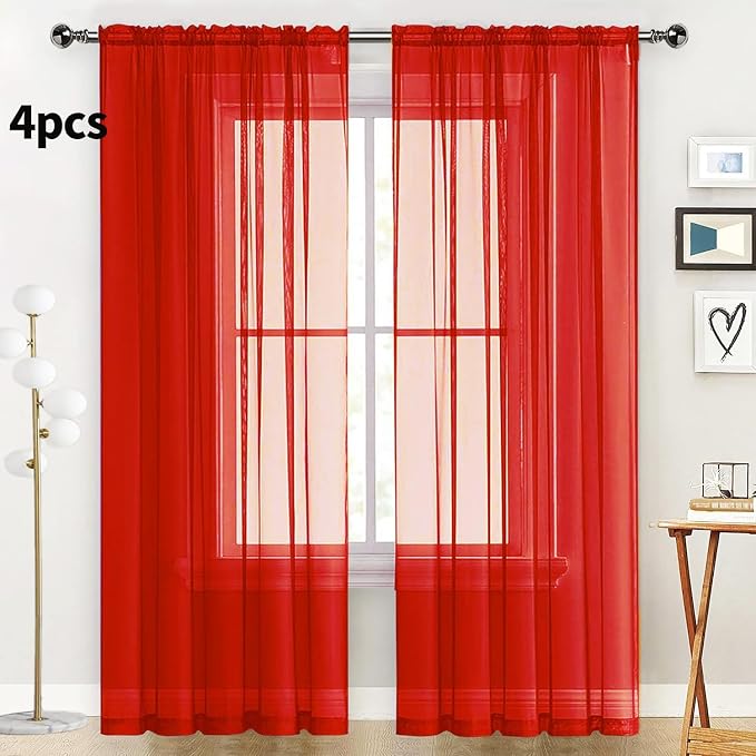 SpaceDresser Sheer Red Curtains 4 Panels Rod Pocket Semi-Sheer Curtain 90 - Image 2