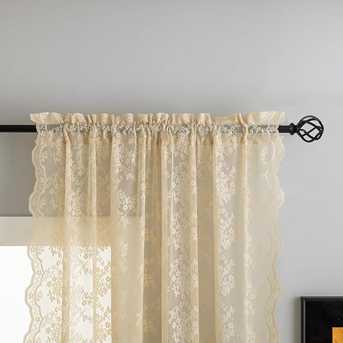 YJ YANJUN Vintage Lace Curtains 45 Inch Length- Cute Floral Cafe Curtains - Image 2