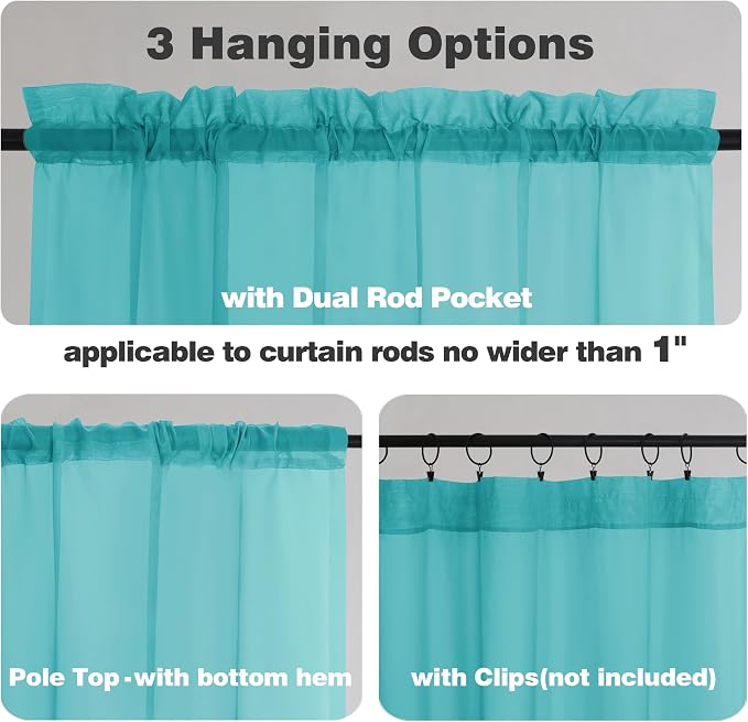 Chyhomenyc Turquoise Sheer Curtains 54 Inch Long 2 Panels, Light Filtering Rod - Image 3