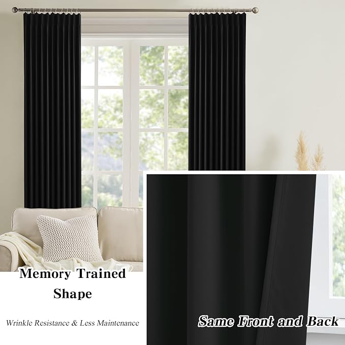 72 Inch Wide Black Pinch Pleated Curtains 72 x 100, Thermal Insulated Noise - Image 6