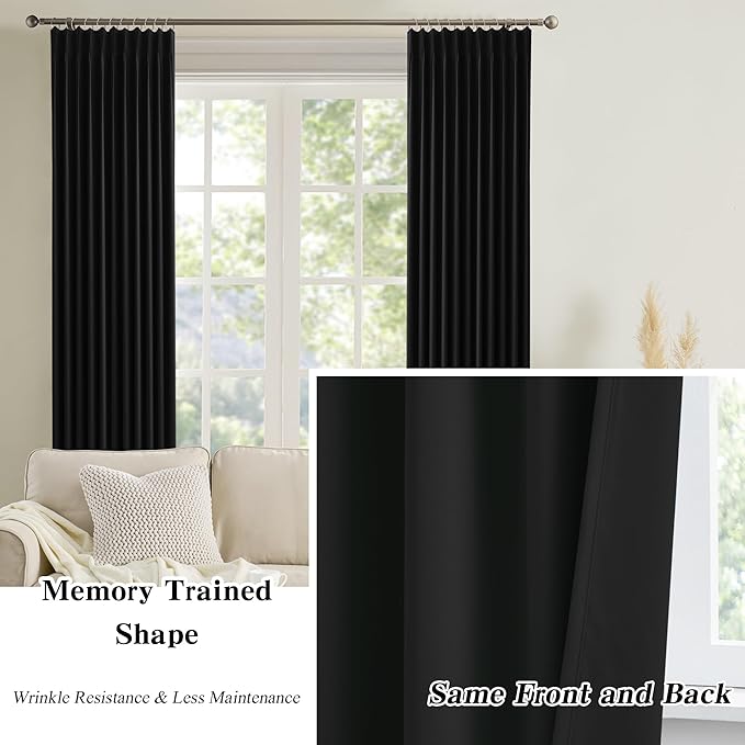 72 Inch Wide Black Pinch Pleated Curtains 72 x 105, Thermal Insulated Noise - Image 6