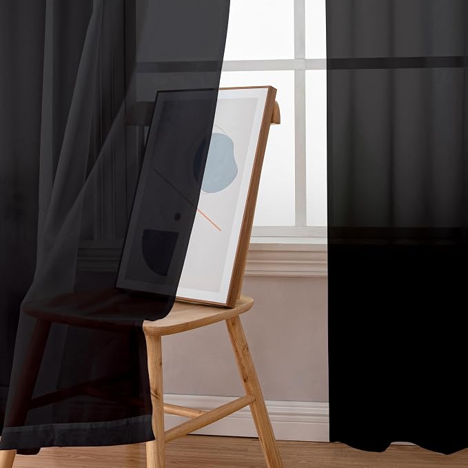 Simplebrand Black Sheer Curtains 63 Inch Length 2 Panels, Rod Pocket Solid - Image 4