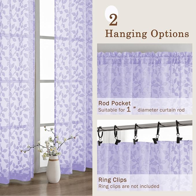 Chyhomenyc Light Purple Sheer Curtains 36 Inch Length, Light Filtering Leaf - Image 8