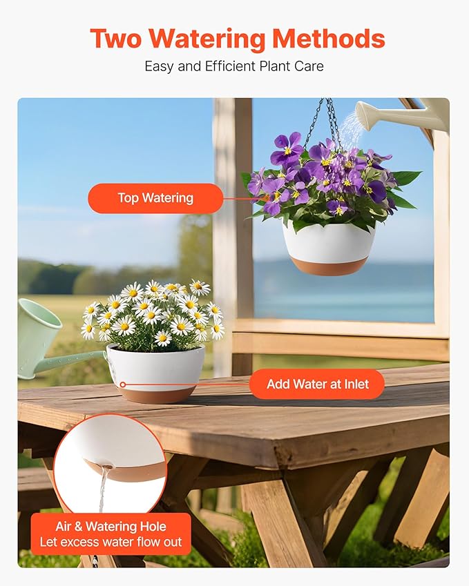 VEVOR Hanging Planters, 10 Inch Self-Watering Hanging Planter, 2 Pack Flower Pots with Drainage Hole & 2 Kinds of Plant Hangers, Plastic Basket Pots, for Garden Home Decor, Indoor & Outdoor Plants