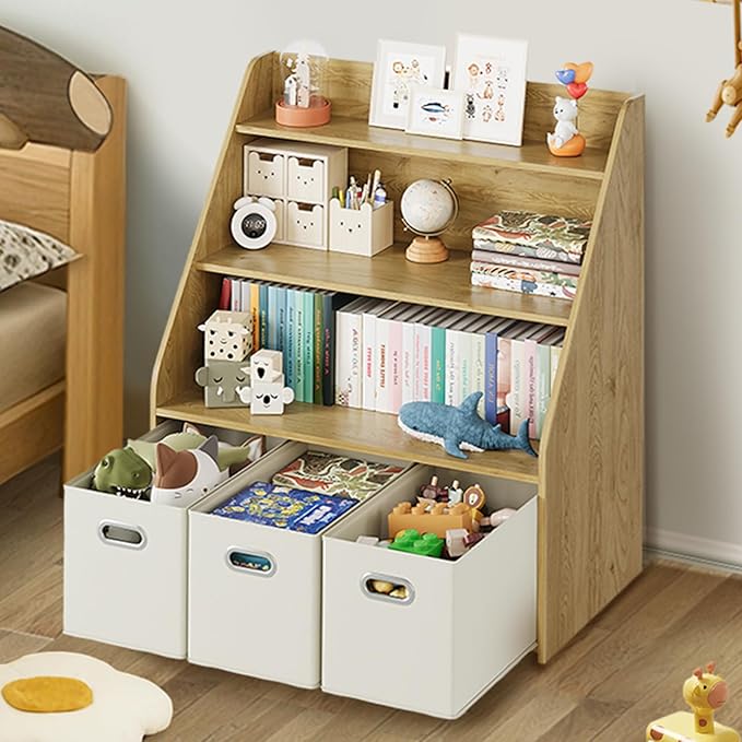 Kids Bookshelf and Toy Organizer, 3-Tier Toy Storage Organizer with 3 Movable Drawers, Montessori Toy Shelf, Nursery Book Shelves Toddler Bookshelf for Kids Room Living Room Nursery